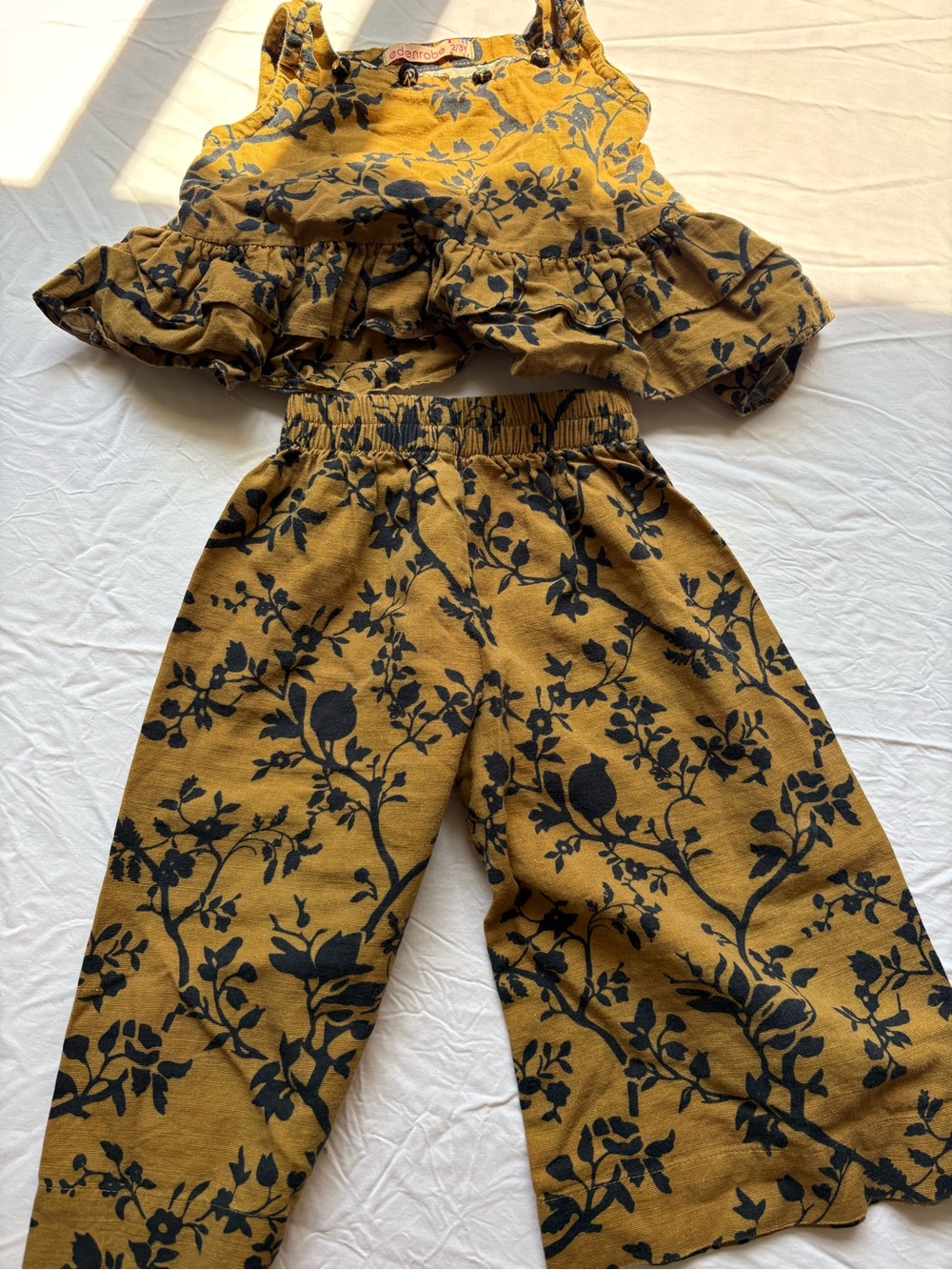 Mustard Yellow Wide-Leg Pants with Navy Floral Print